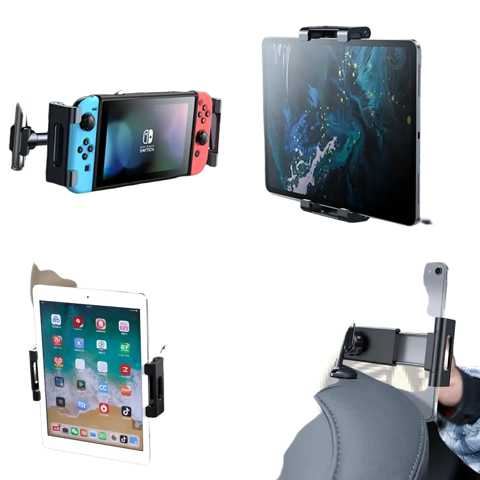 Black adjustable car headrest tablet mount with clamp and swivel arm for 4.7 to 13 inch devices shown from back side