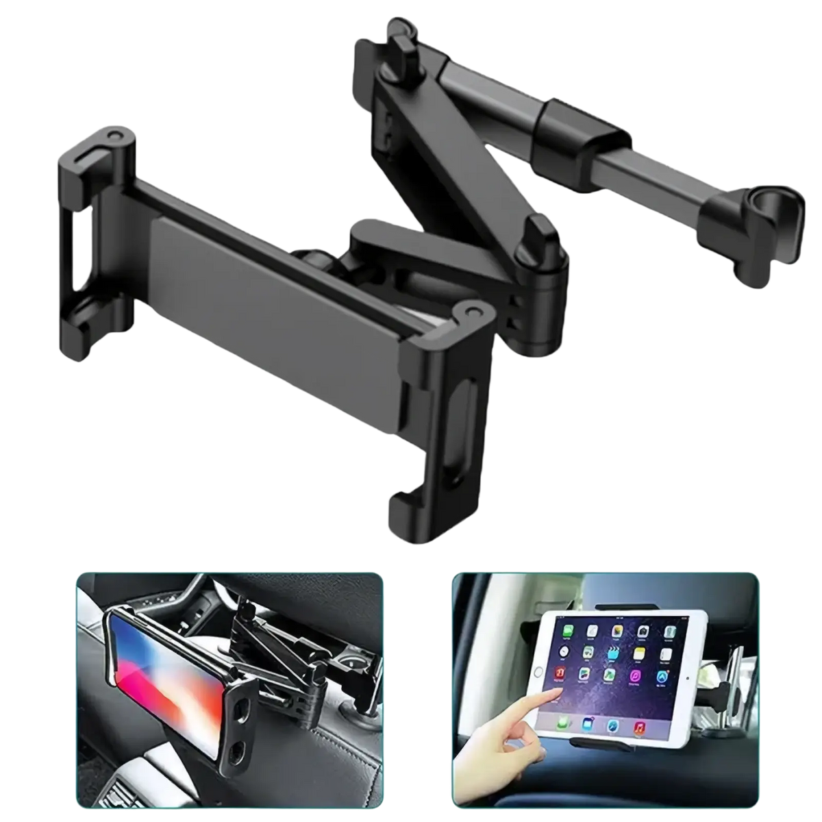 Black adjustable car headrest tablet mount for 4.7 to 13 inch devices shown from the back side