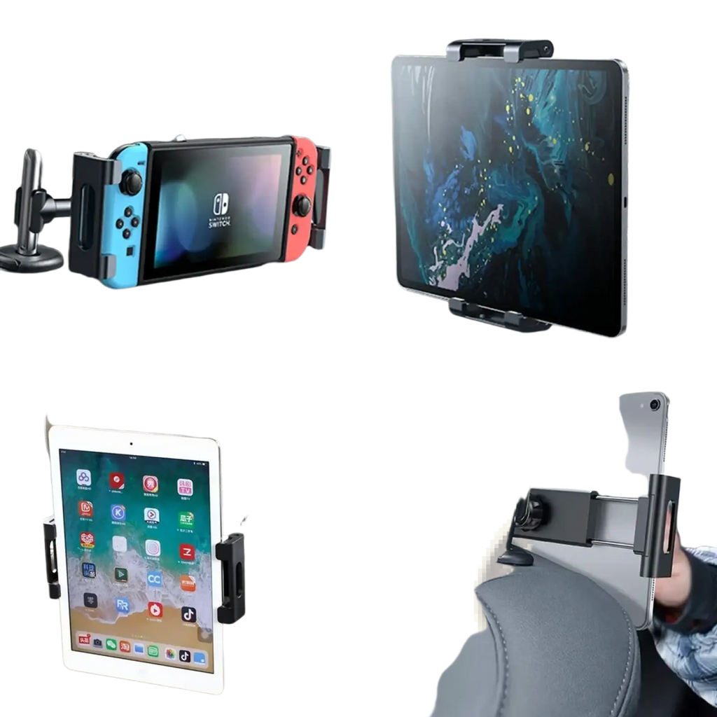 Black adjustable car headrest tablet mount holder compatible with 4.7 to 13 inch devices shown from back side