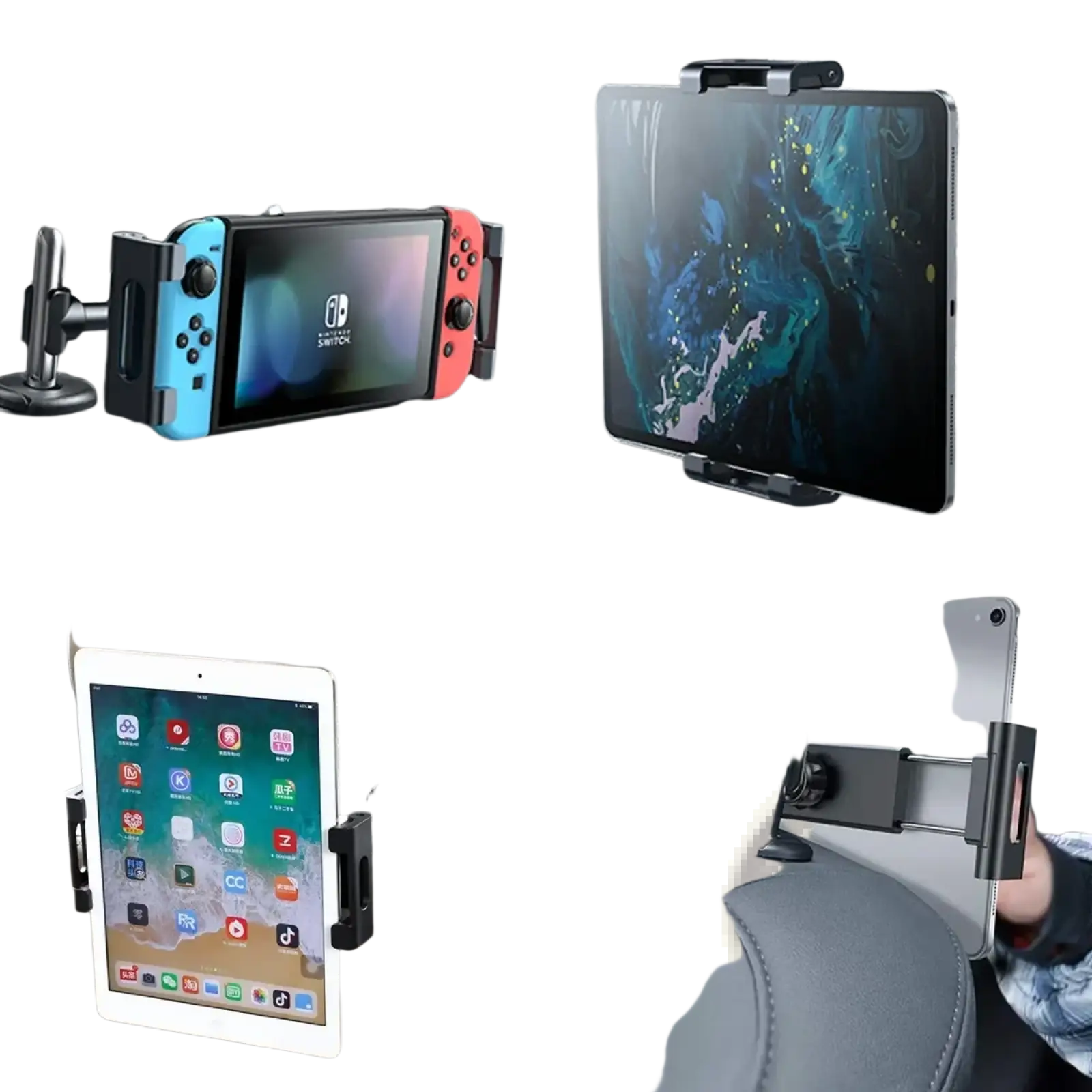 Black adjustable car headrest tablet mount holder compatible with 4.7 to 13 inch devices shown from back side