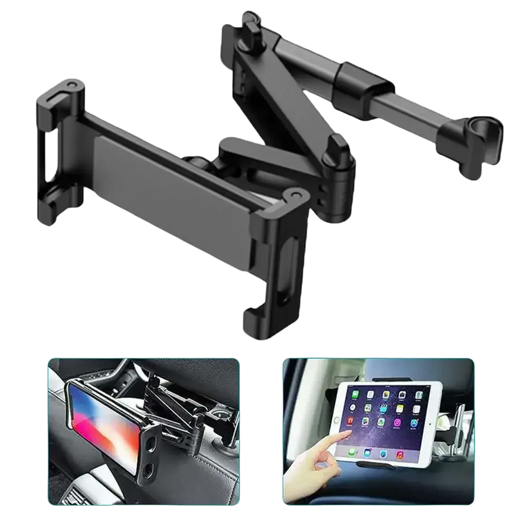 Black adjustable car headrest tablet mount for 4.7 to 13 inch devices shown from the back side