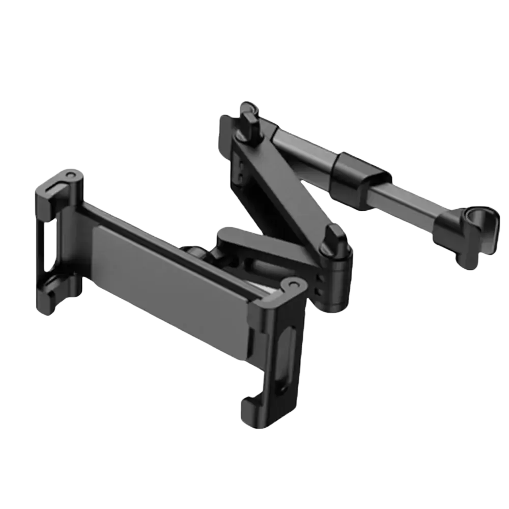 Black adjustable car headrest tablet mount with articulated arms and clamp design for 4.7 to 13 inch devices