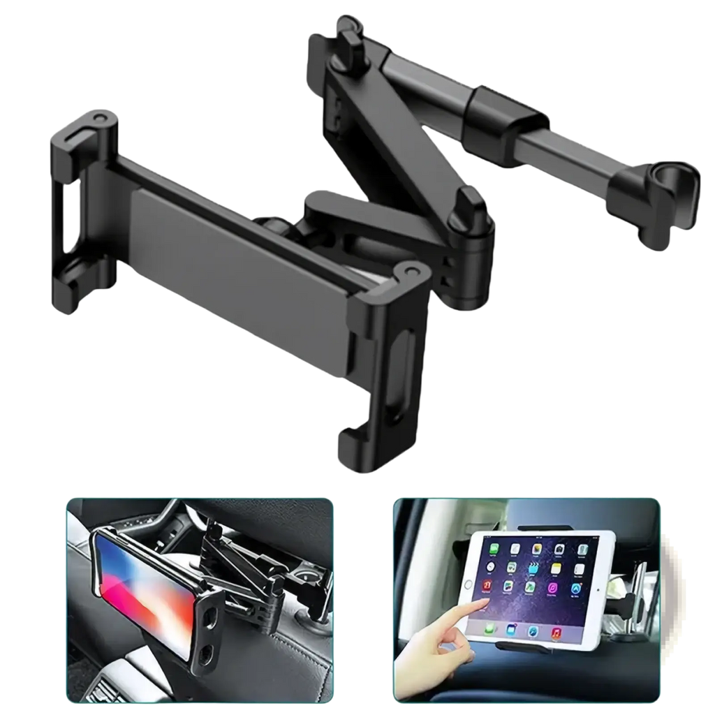 Black adjustable car headrest tablet mount for 4.7 to 13 inch devices shown from the back side