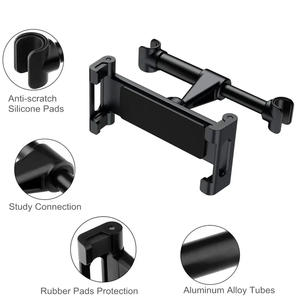 Black aluminum alloy car headrest tablet mount with anti-scratch silicone pads for 4.7 to 13 inch devices secure support