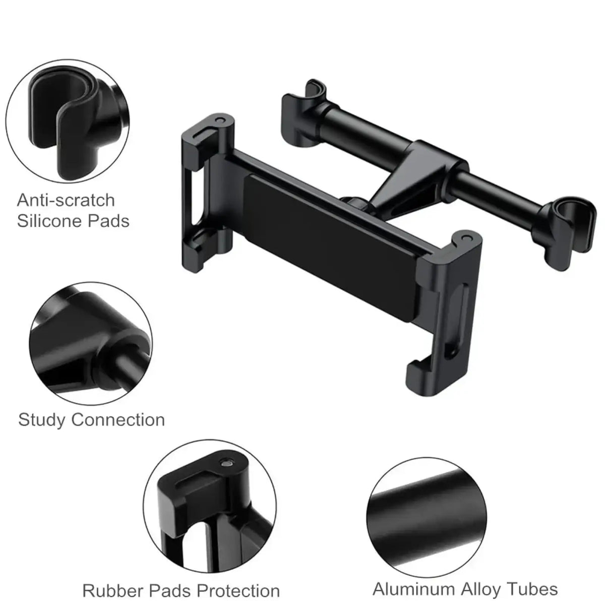 Black aluminum alloy car headrest tablet mount with anti-scratch silicone pads for 4.7 to 13 inch devices secure support