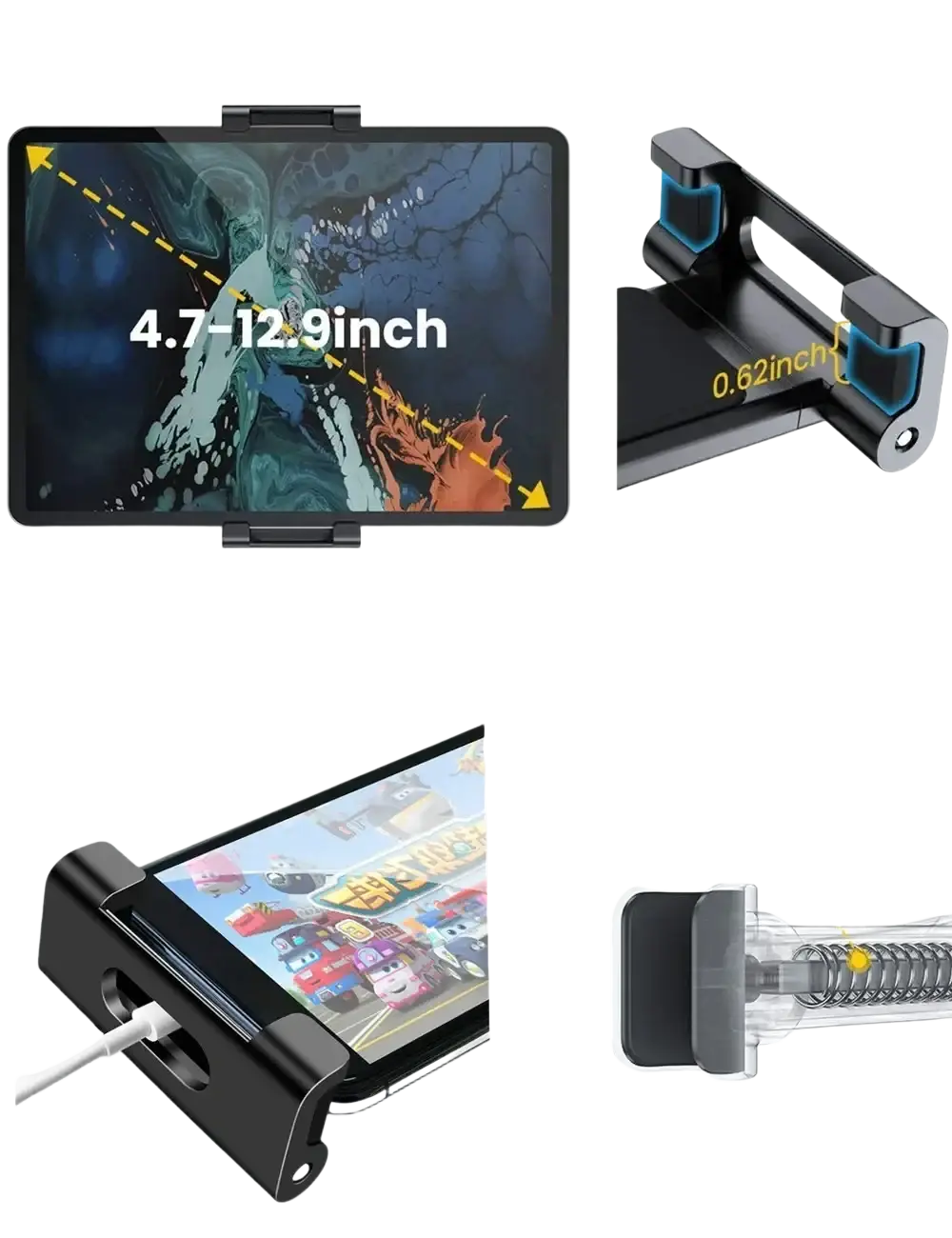 Black bimetallic car headrest tablet mount with 0.62-inch thick support points for stable holding of 4.7 to 13 inch devices