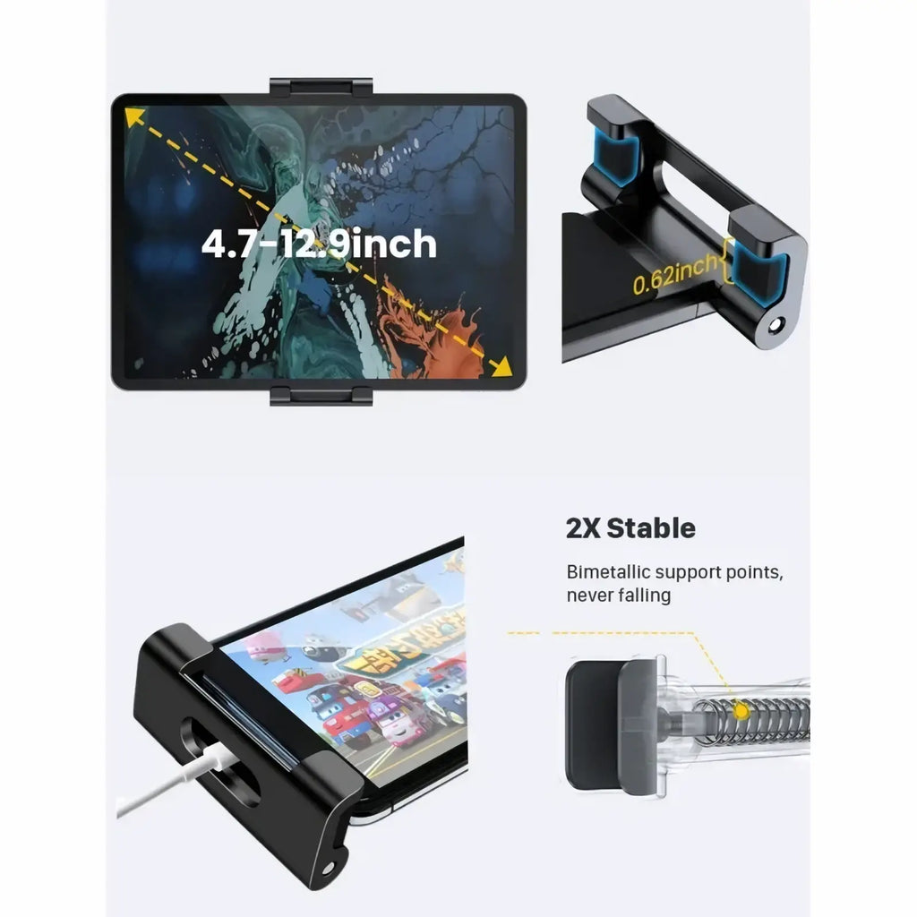 Black bimetallic car headrest tablet mount with 0.62 inch thick support points for stable holding of 4.7 to 13 inch devices