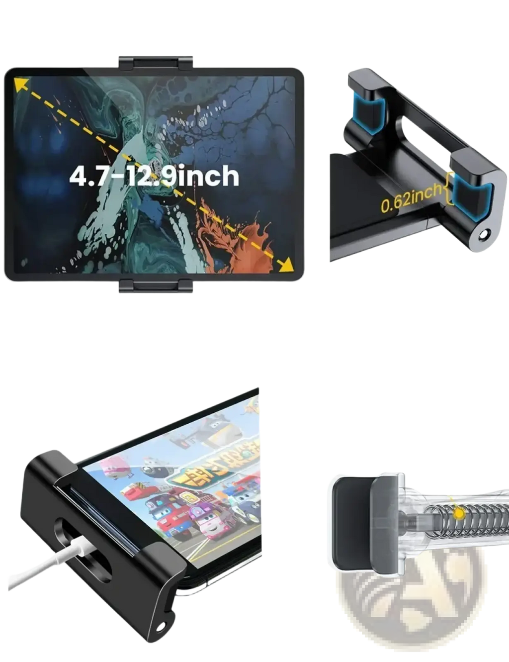 Black bimetallic car headrest tablet mount with 0.62-inch thick support points for stable holding of 4.7 to 13 inch devices