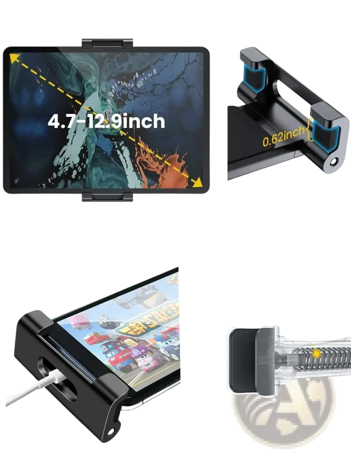 Black bimetallic car headrest tablet mount with 0.62-inch thick support points for stable holding of 4.7 to 13 inch devices