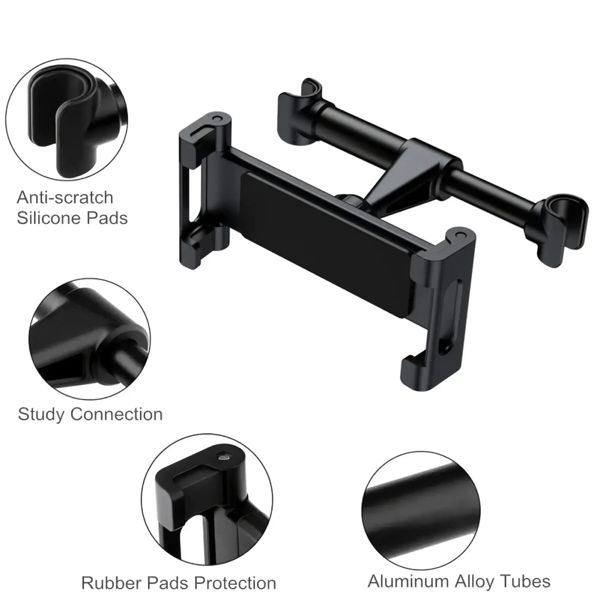 Black car headrest tablet mount made of aluminum alloy tubes with anti-scratch silicone and rubber protective pads