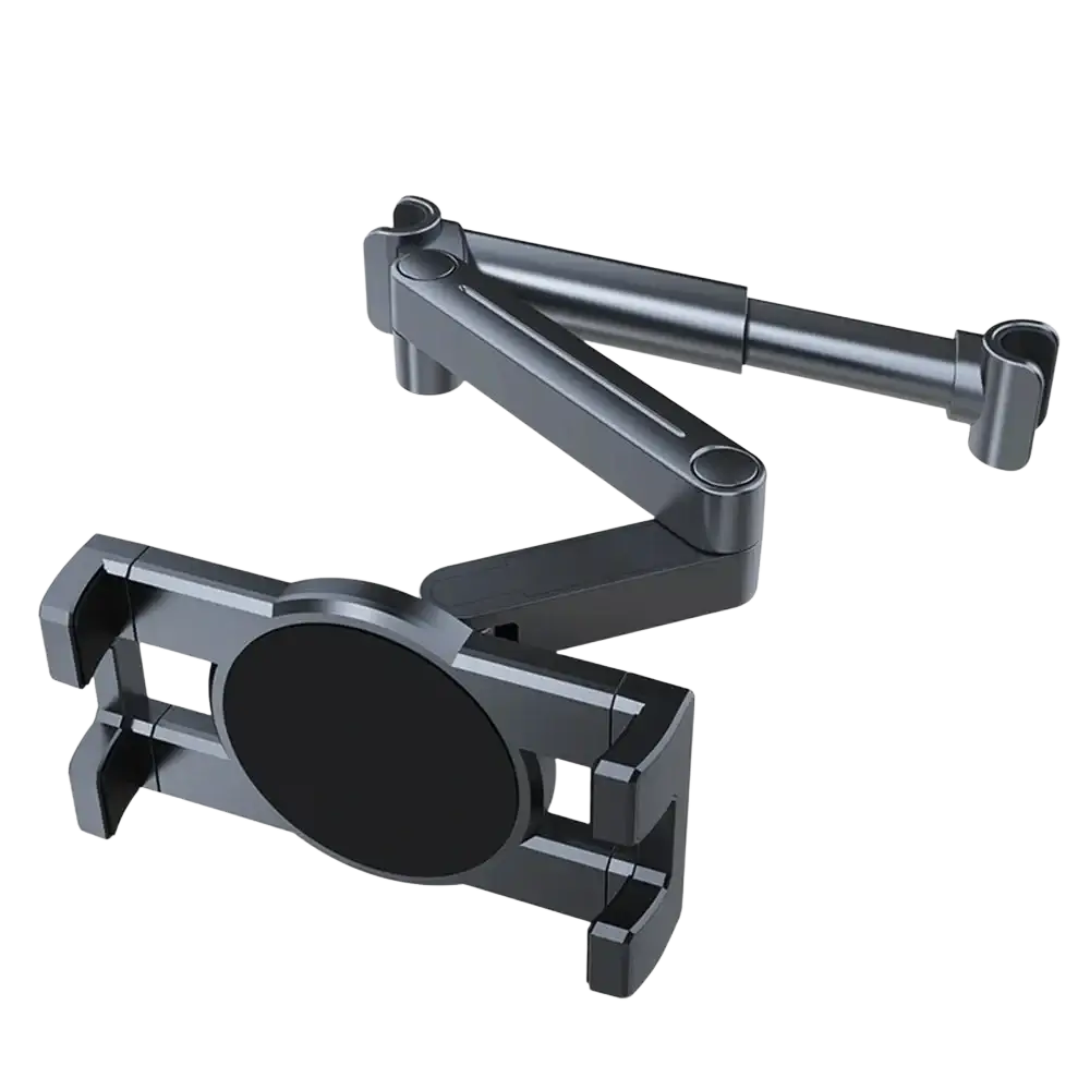 Black metal car headrest tablet mount with adjustable arm joints and circular clamp for 4.7 to 13 inch devices