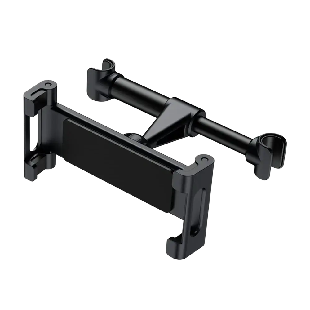 Black plastic car headrest tablet mount with adjustable arms and clip-on design for 4.7 to 13 inch devices