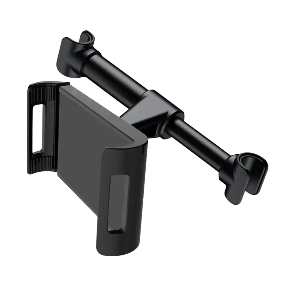Black plastic car headrest tablet mount with adjustable arms and clamp for secure holding of 4.7 to 13 inch devices