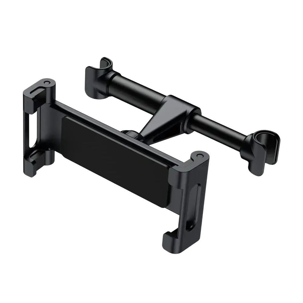 Black plastic car headrest tablet mount with adjustable arms and clip-on design for 4.7 to 13 inch devices