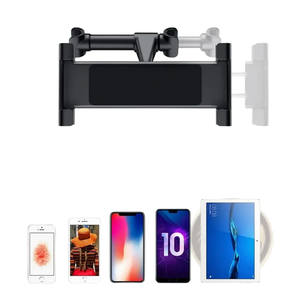 Black plastic car headrest tablet mount with adjustable arms for securing 4.7 to 13 inch devices
