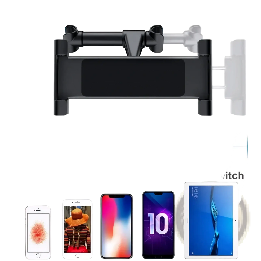 Black plastic car headrest tablet mount with adjustable arms for securing devices 4.7 to 12.9 inches in size