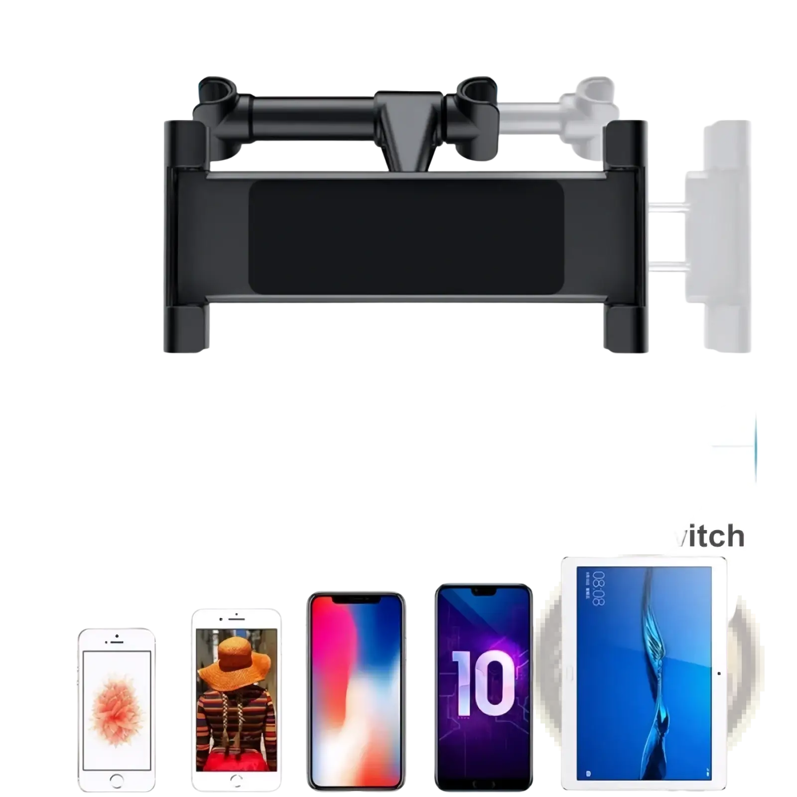 Black plastic car headrest tablet mount with adjustable arms for securing devices 4.7 to 12.9 inches in size
