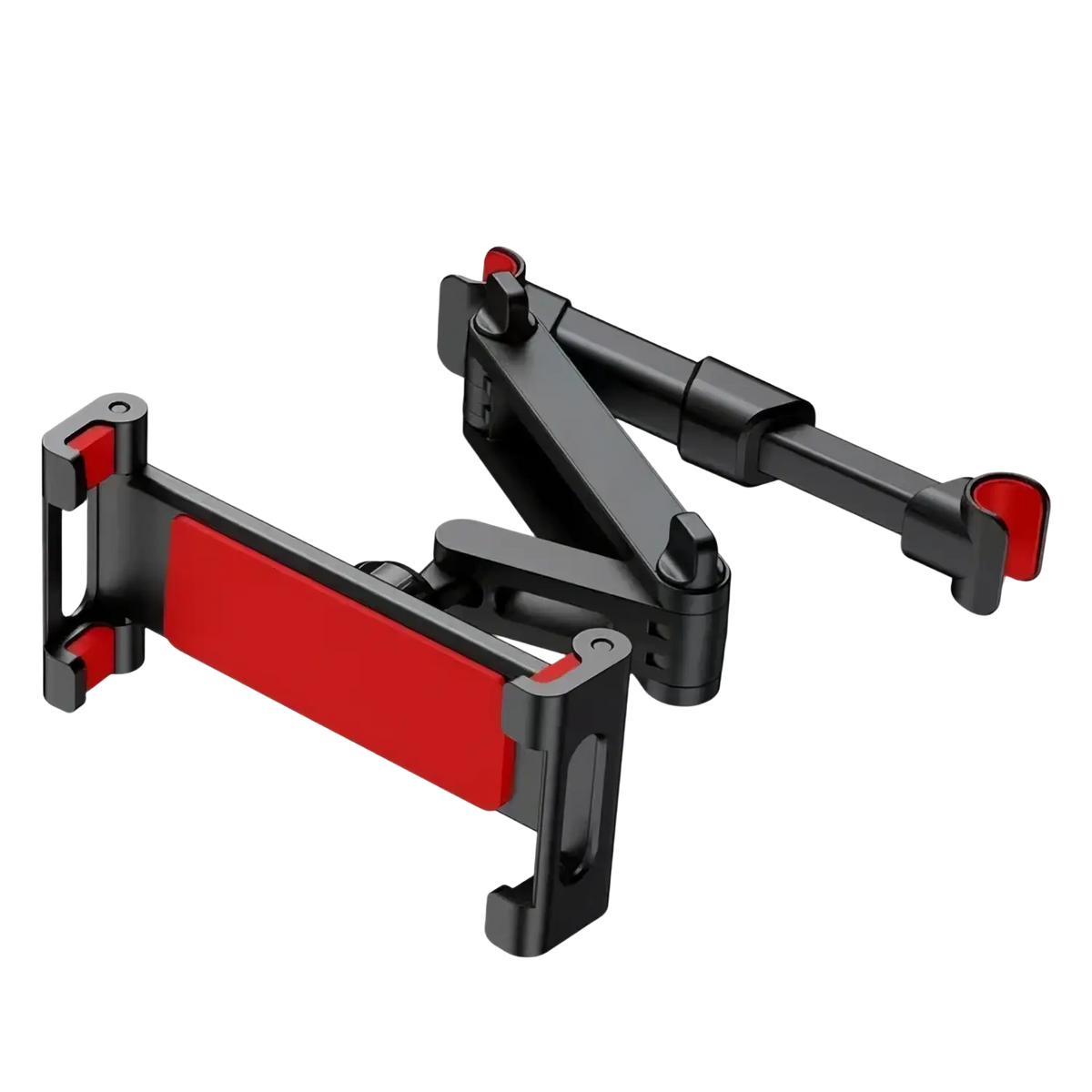 Black and red adjustable car headrest tablet mount with sleek articulated design for secure 4.7 to 13 inch device holding