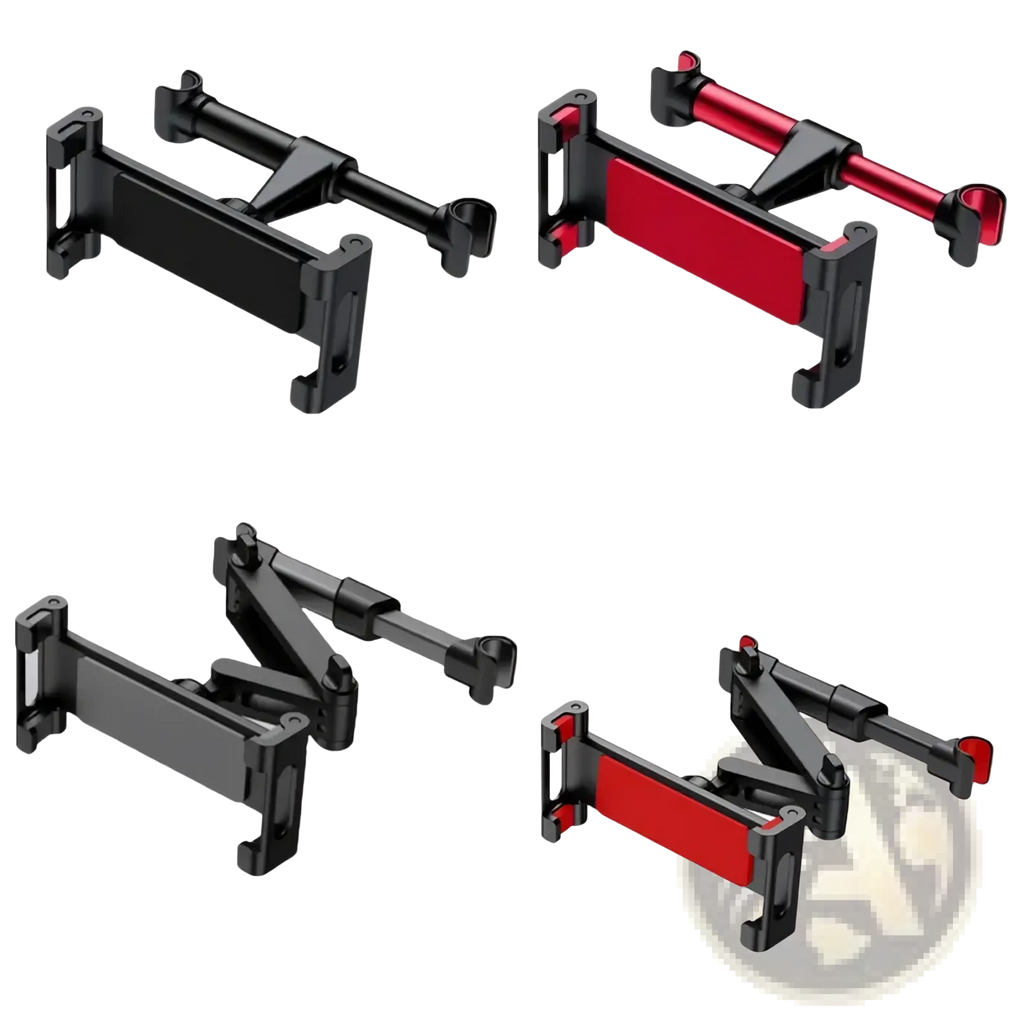 Black and red adjustable car headrest tablet mount with a sleek modern design for 4.7 to 13 inch devices