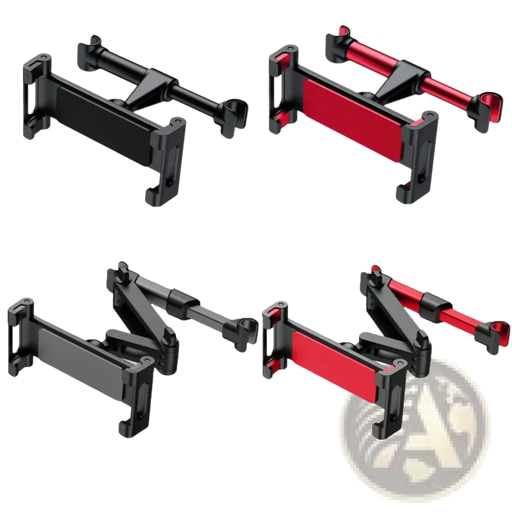 Black and red adjustable car headrest tablet mount with sleek modern design for 4.7 to 13 inch devices