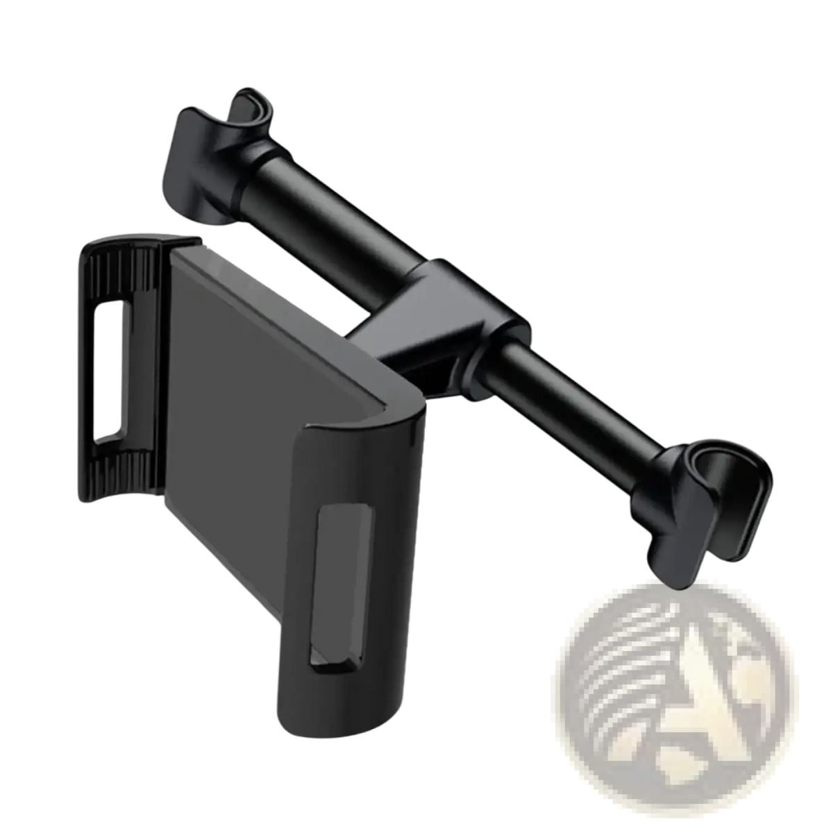 Black plastic car headrest tablet mount with adjustable arms and clamp for secure holding of 4.7 to 13 inch devices