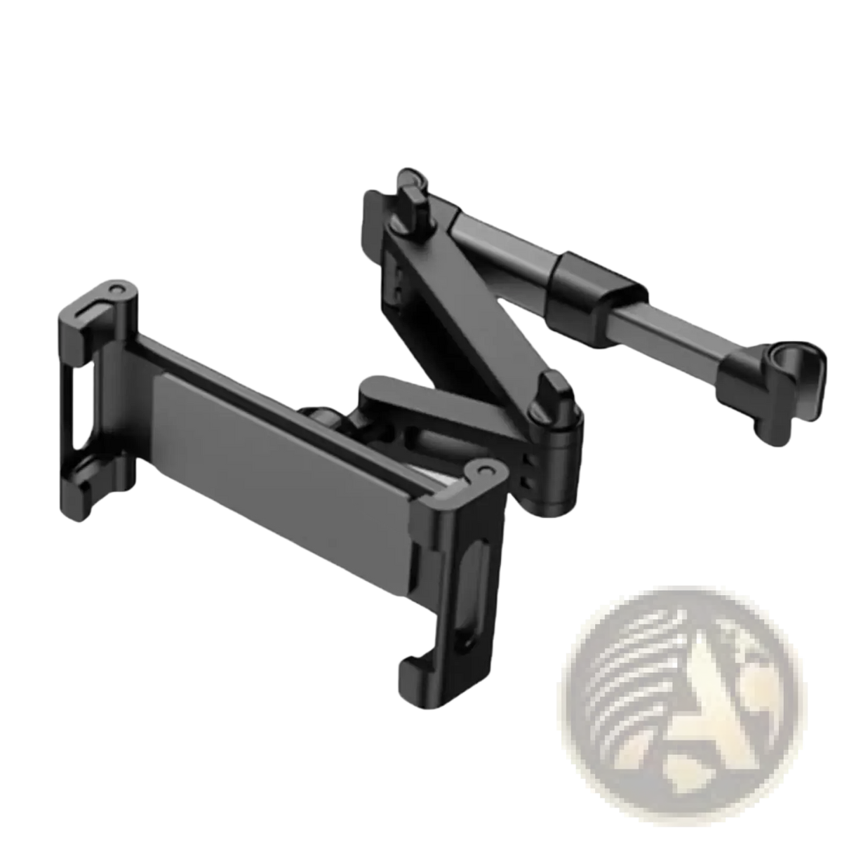Black adjustable car headrest tablet mount with articulated arms and clamp design for 4.7 to 13 inch devices