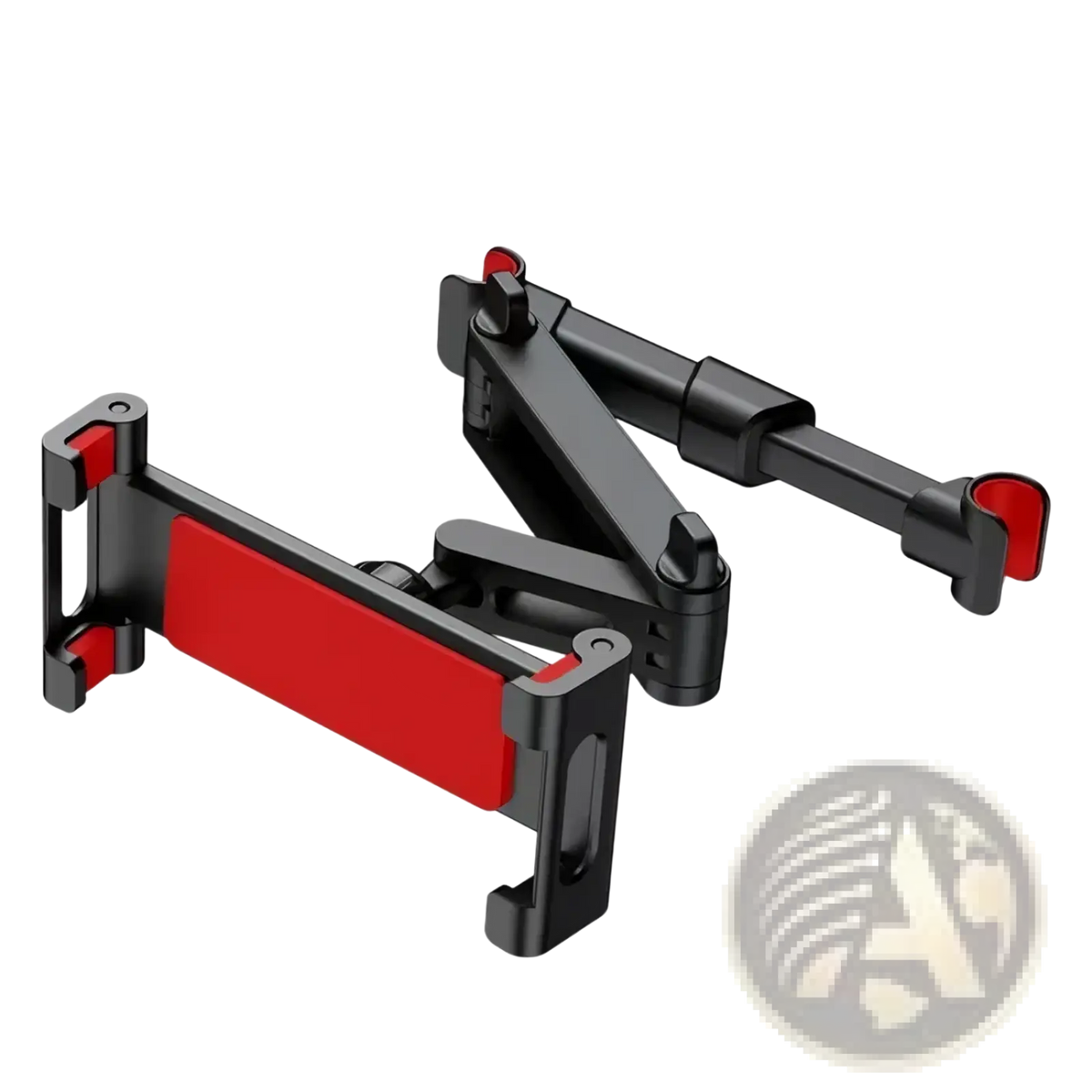 Black and red adjustable car headrest tablet mount with sleek articulated design for secure 4.7 to 13 inch device holding