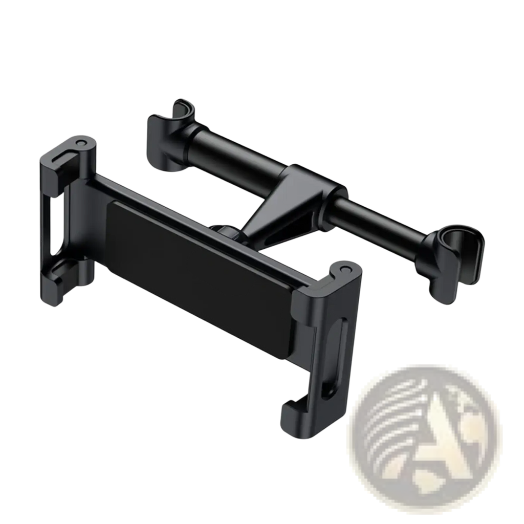 Black plastic car headrest tablet mount with adjustable arms and clip-on design for 4.7 to 13 inch devices