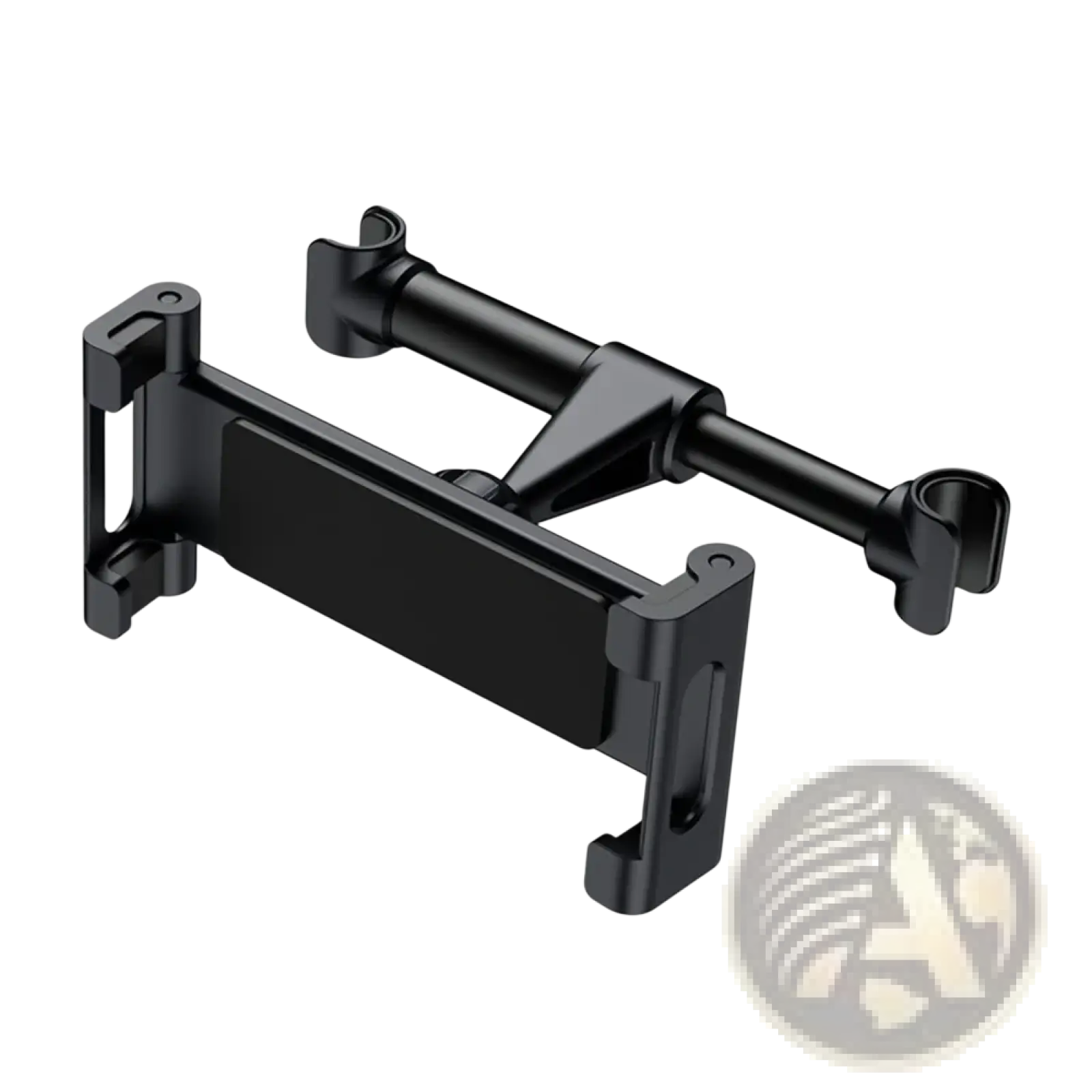 Black plastic car headrest tablet mount with adjustable arms and clip-on design for 4.7 to 13 inch devices