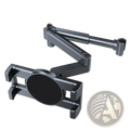 Black metal car headrest tablet mount with adjustable arm joints and circular clamp for 4.7 to 13 inch devices