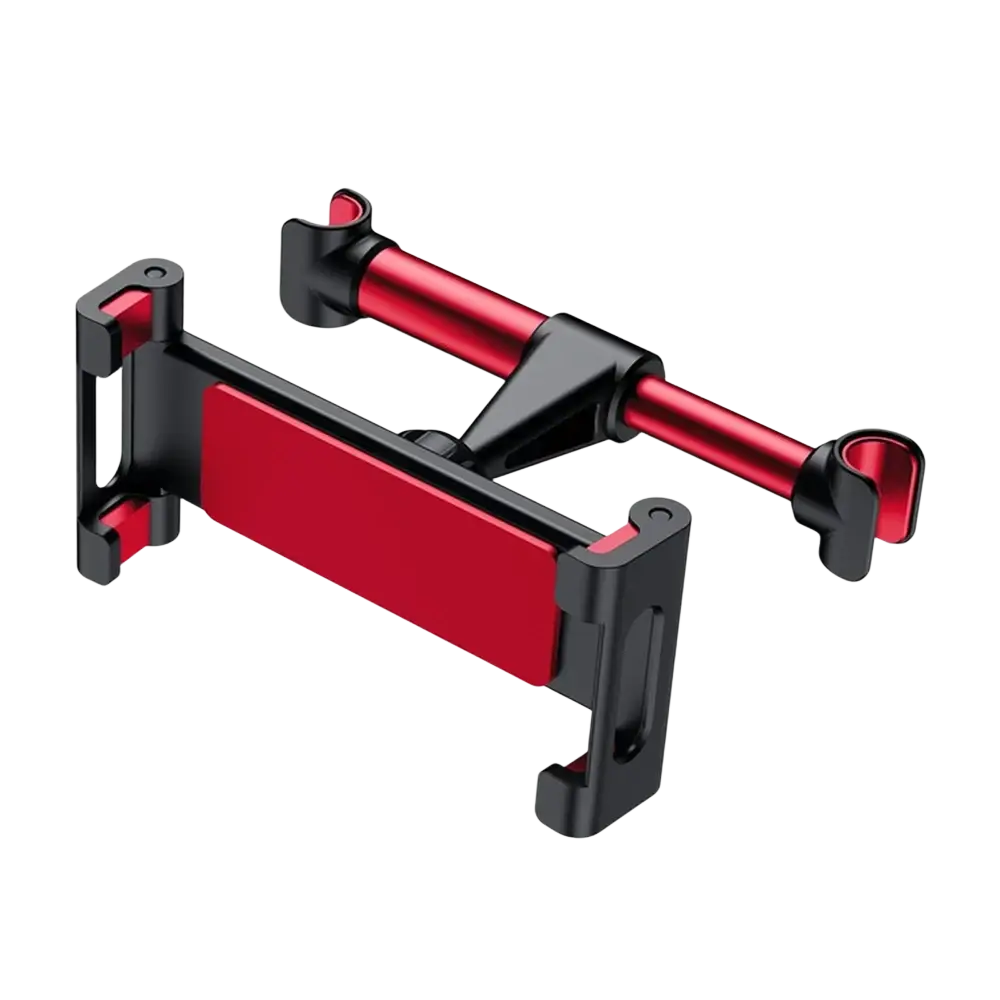 Red and black car headrest tablet mount with adjustable arms for devices 4.7 to 13 inches securely mounted