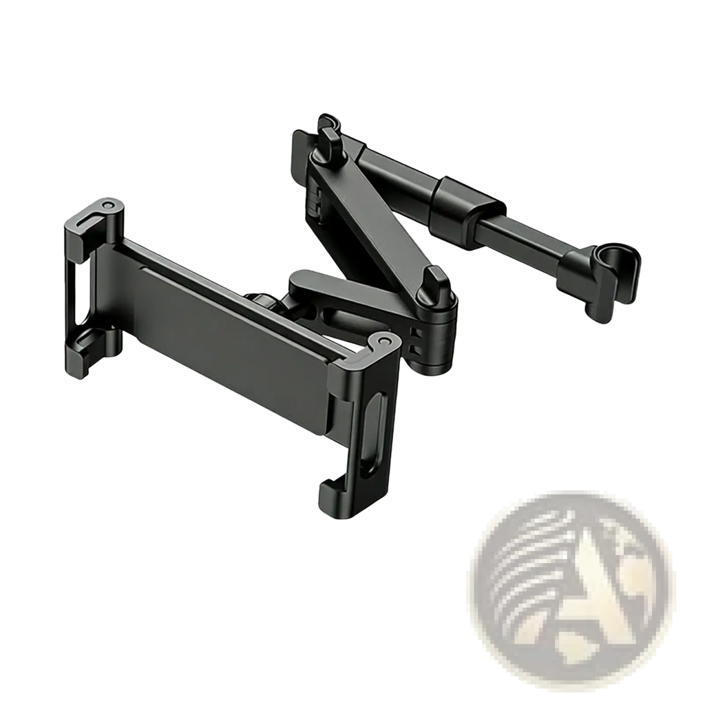 Black adjustable car headrest tablet mount with 360-degree rotating arm and large clip for 5 to 13 inch devices