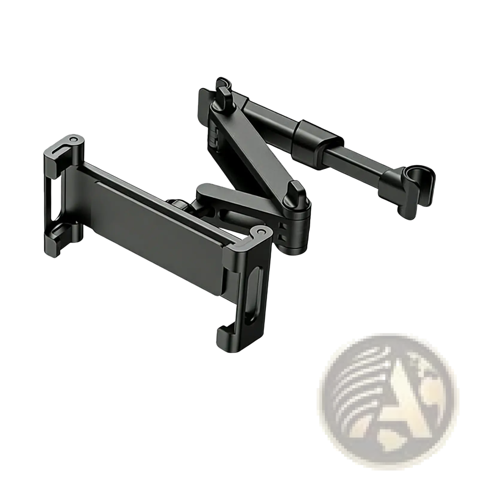Black adjustable car headrest tablet mount with 360-degree rotating arm and large clip for 5 to 13 inch devices