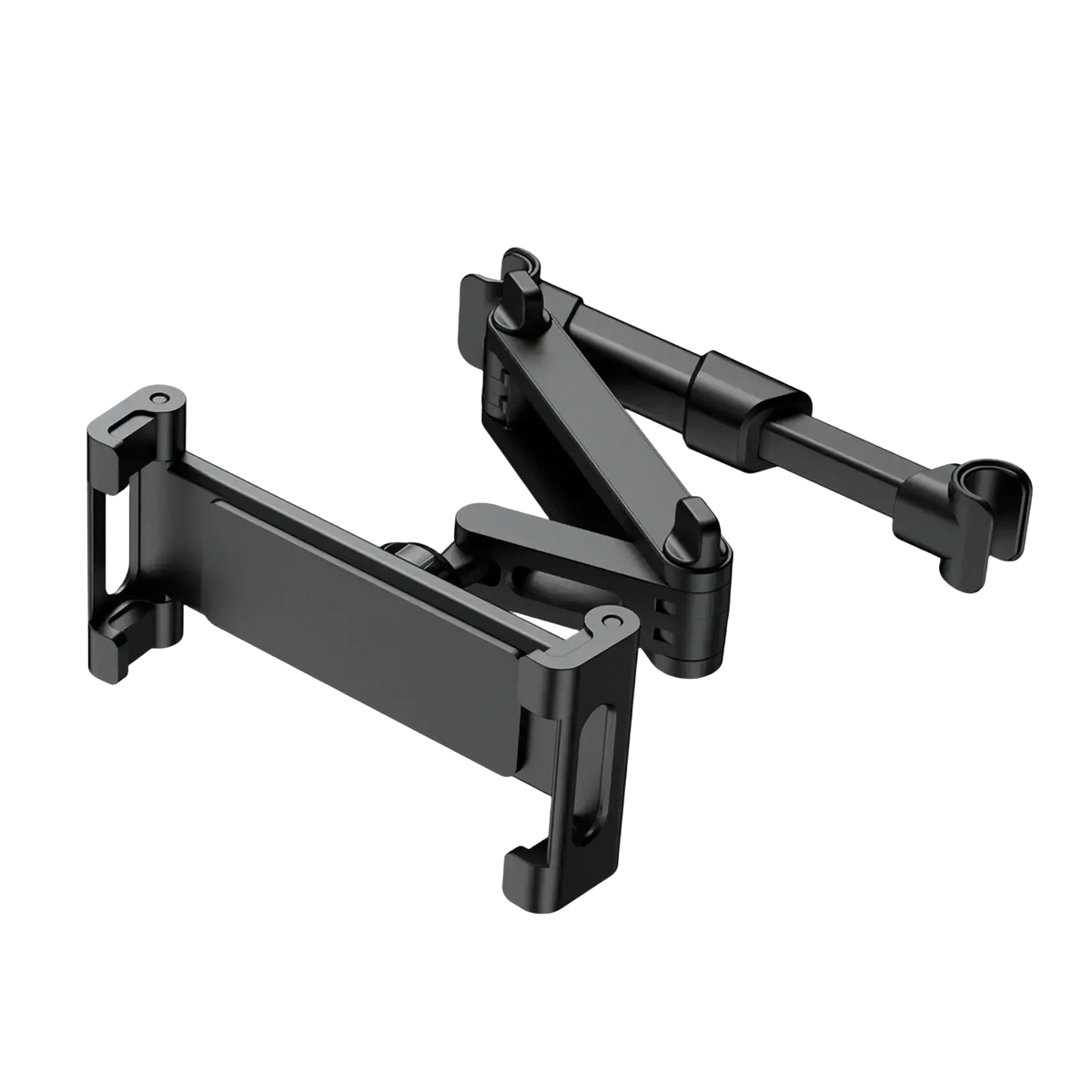 Black car headrest tablet mount with adjustable articulated arms and sleek metallic finish for 5 to 13 inch devices