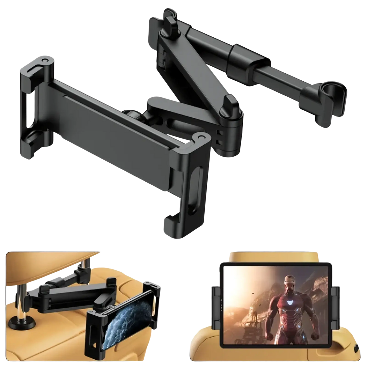 Black adjustable car seat-mounted tablet holder with articulated arms and clamp for 5 to 13 inch devices backside view