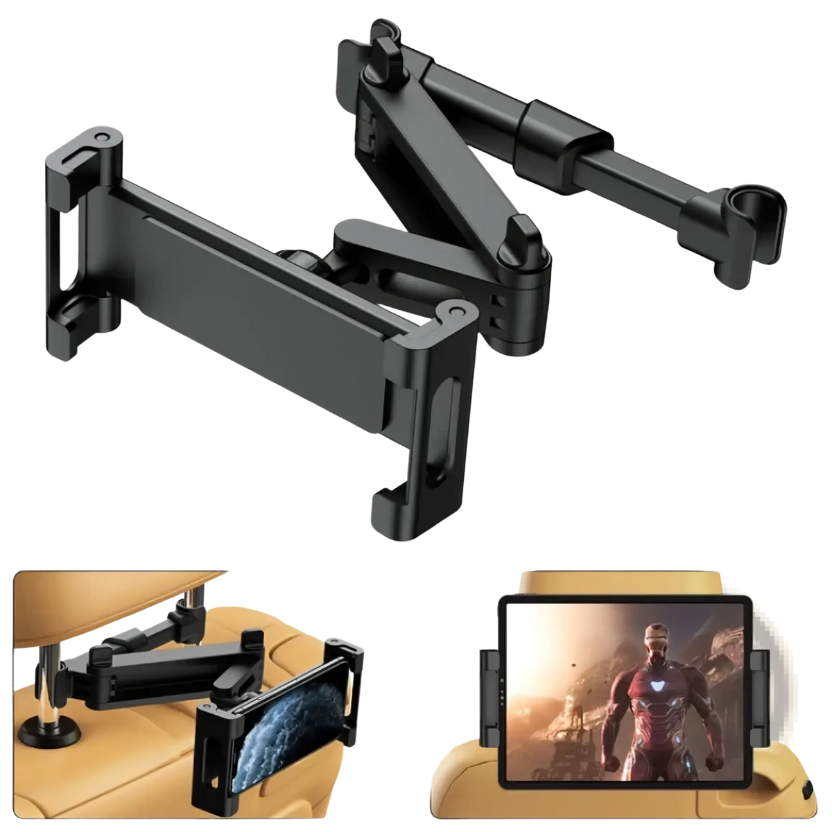 Black adjustable car seat-mounted tablet holder with articulated arms and clamp for 5 to 13 inch devices backside view
