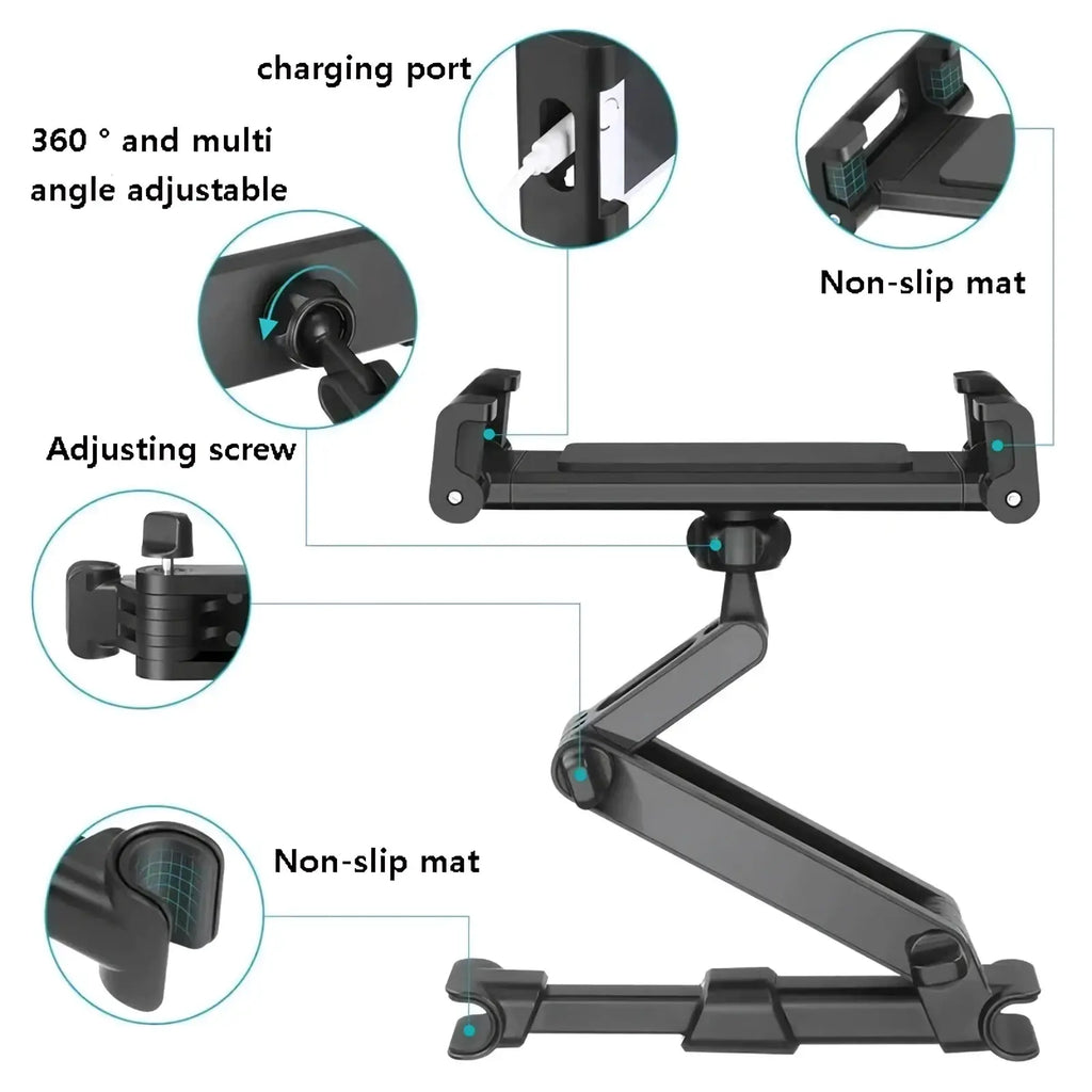 Black adjustable car headrest tablet mount with non-slip mats and charging port for 5 to 13 inch devices shown from back