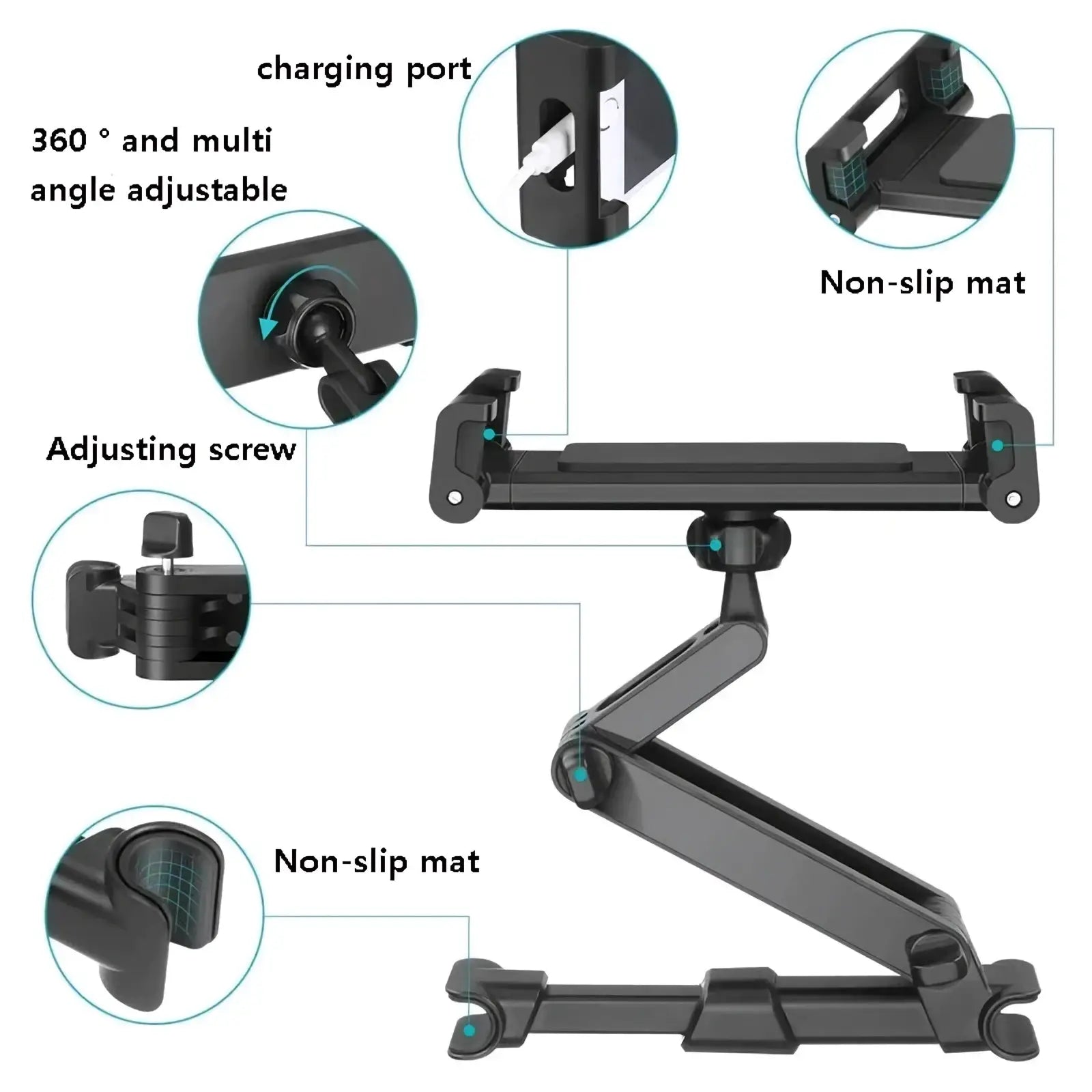Black adjustable car headrest tablet mount with non-slip mats and charging port for 5 to 13 inch devices shown from back