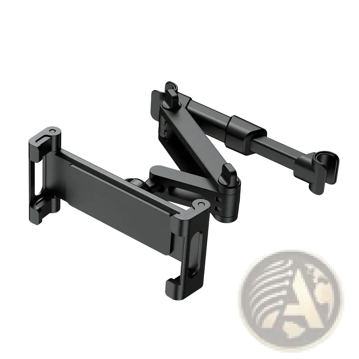 Black car headrest tablet mount with adjustable articulated arms and sleek metallic finish for 5 to 13 inch devices
