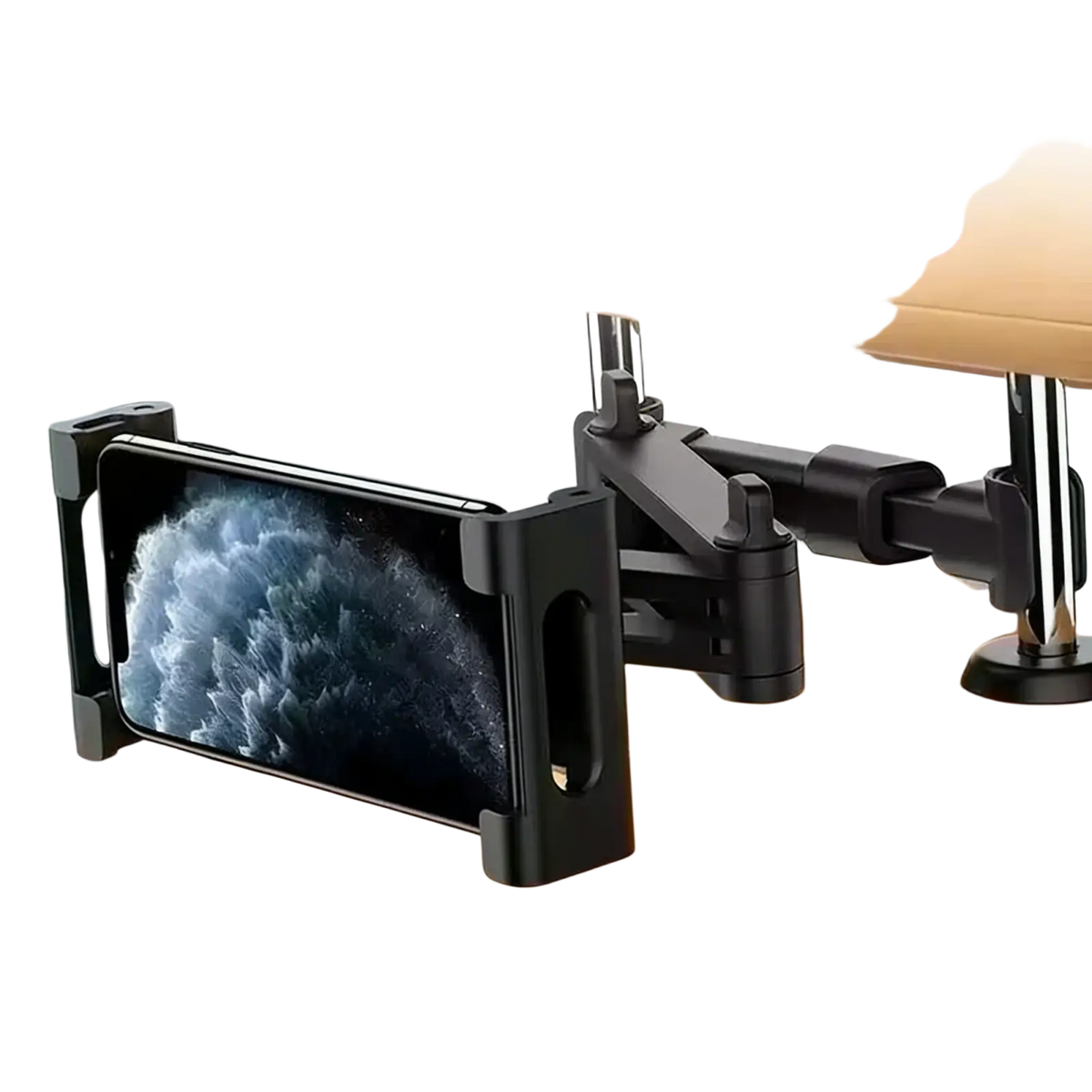Black plastic car headrest tablet mount with adjustable arm for stable backseat viewing of 5 to 13 inch devices