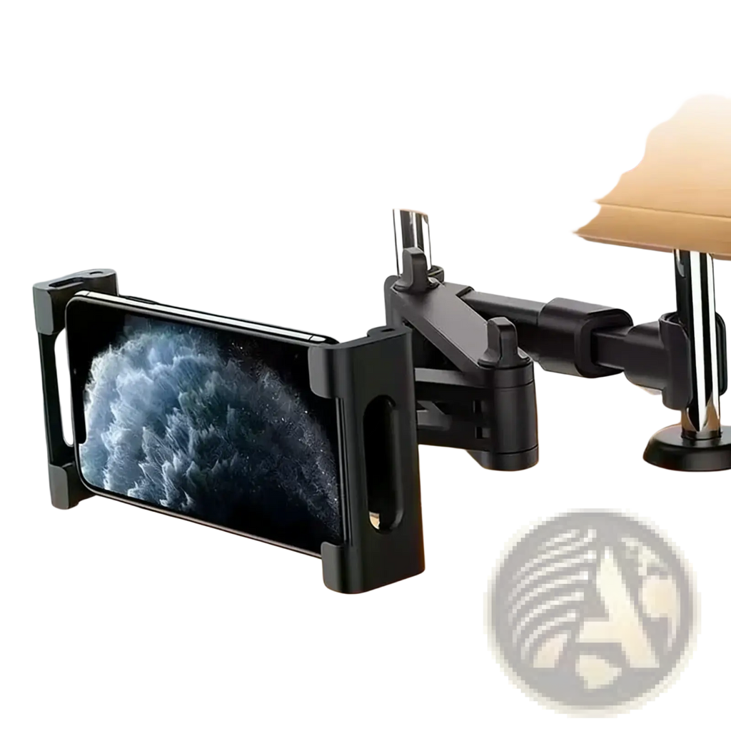 Black plastic car headrest tablet mount with adjustable arm for stable backseat viewing of 5 to 13 inch devices