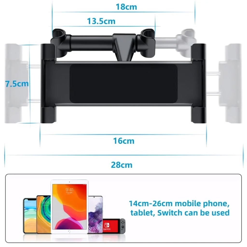 Black plastic car headrest tablet mount with adjustable arms for securing 5 to 13 inch devices