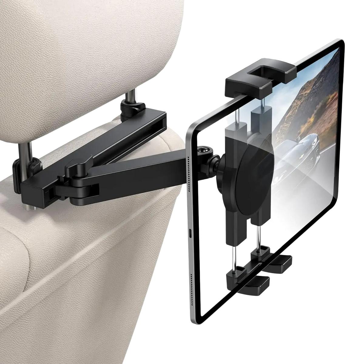 Black adjustable car headrest tablet mount securely holding a slim-profile device for hands-free use in vehicles