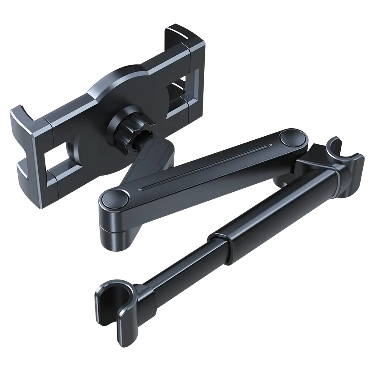 Black adjustable car headrest tablet mount holder with sleek articulated arm and clamp design for secure use