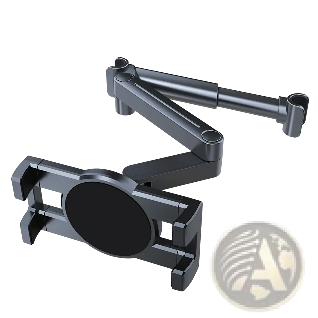 Black metal car headrest tablet mount with adjustable arms and circular holder for secure device placement