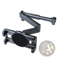 Black metal car headrest tablet mount with adjustable arms and circular holder for secure device placement