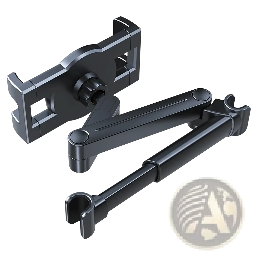 Black adjustable car headrest tablet mount holder with sleek articulated arm and clamp design for secure use