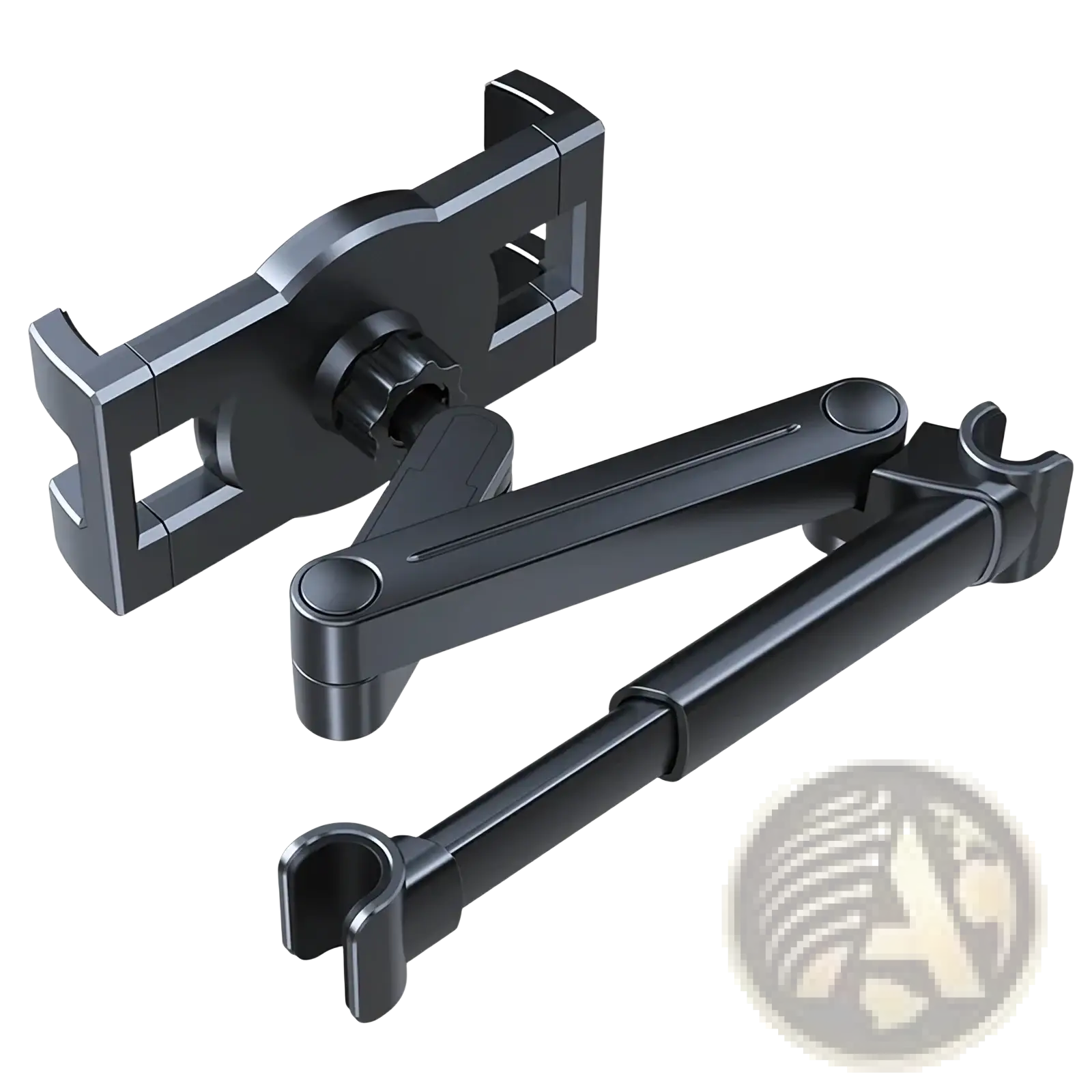 Black adjustable car headrest tablet mount holder with sleek articulated arm and clamp design for secure use