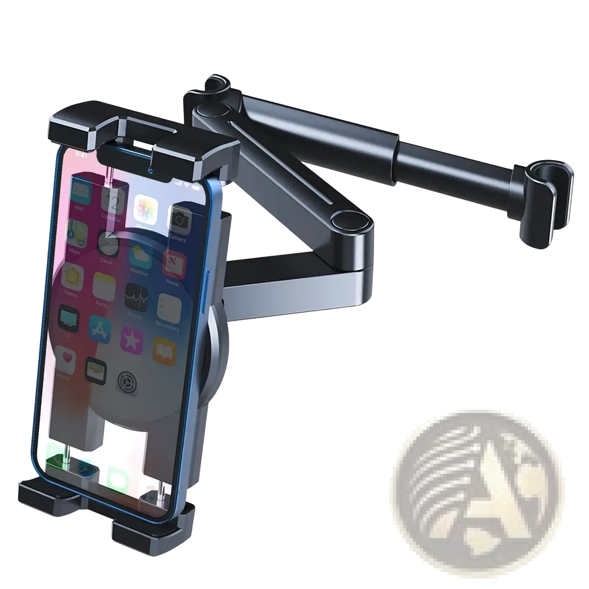 Black adjustable car headrest tablet mount with sleek articulated arm for secure and flexible positioning