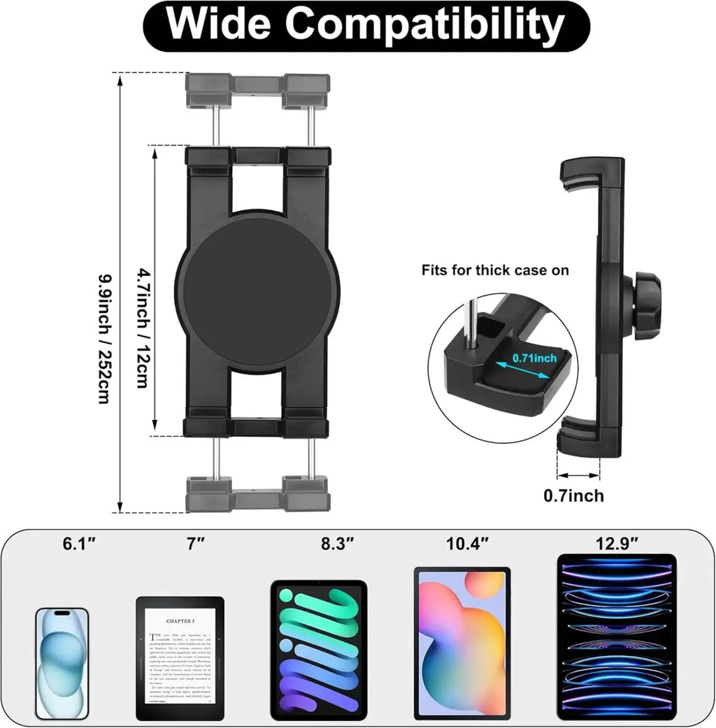 Black plastic car headrest tablet mount with adjustable arms and rotating base for devices 6.1 to 12.9 inches